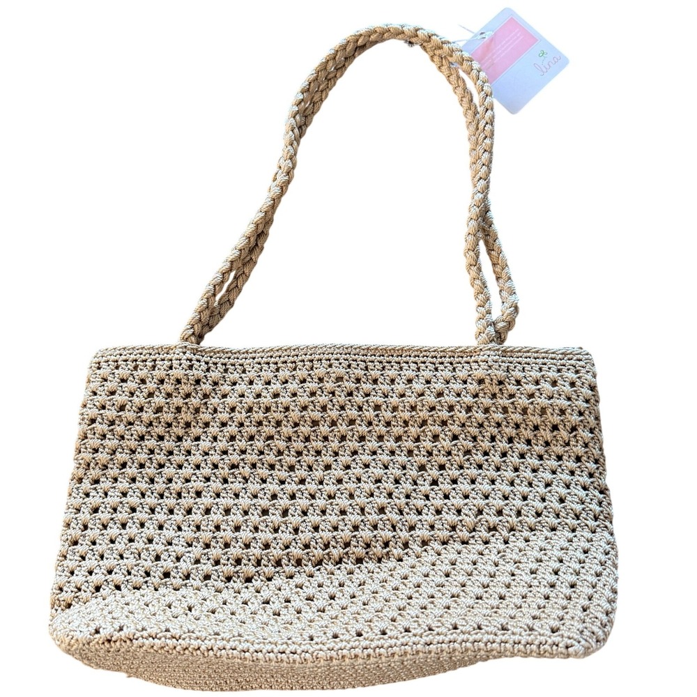 Lina Teisha 2 Crochet Tote Shoulder Bag Braided Strap Bamboo Beige Small Women